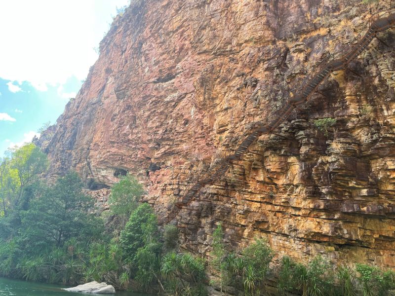 A huge stone cliff face with a cluster of green trees at the base. A metal staircase climbs from the bottom left to the top right of the cliff. .