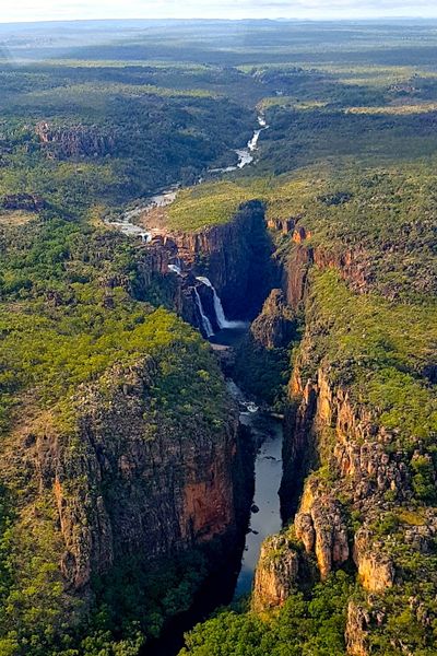 Twin Falls as seen from the air, a spectacular waterfall pilling off sheer rocky cliffs amongst beautiful, lush vegetation.