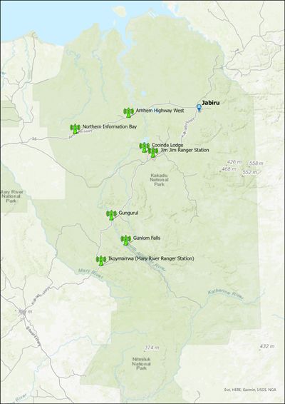 A map showing the locations of mobile signal towers, including Arnhem Highway West, Northern Information Bay, Cooinda Lodge, Jim Jim Ranger Station, Gungurul, Gunlom Falls and Ikoymarrwa (Mary River Ranger Station).
