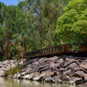 The new viewing platform at Cahills Crossing, atop a rocky outcrop above the river. Trees overhang the landing platform