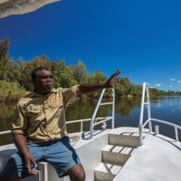 A guide on the Guluyambi Cultural Cruise. Photo: Kakadu Cultural Tours.